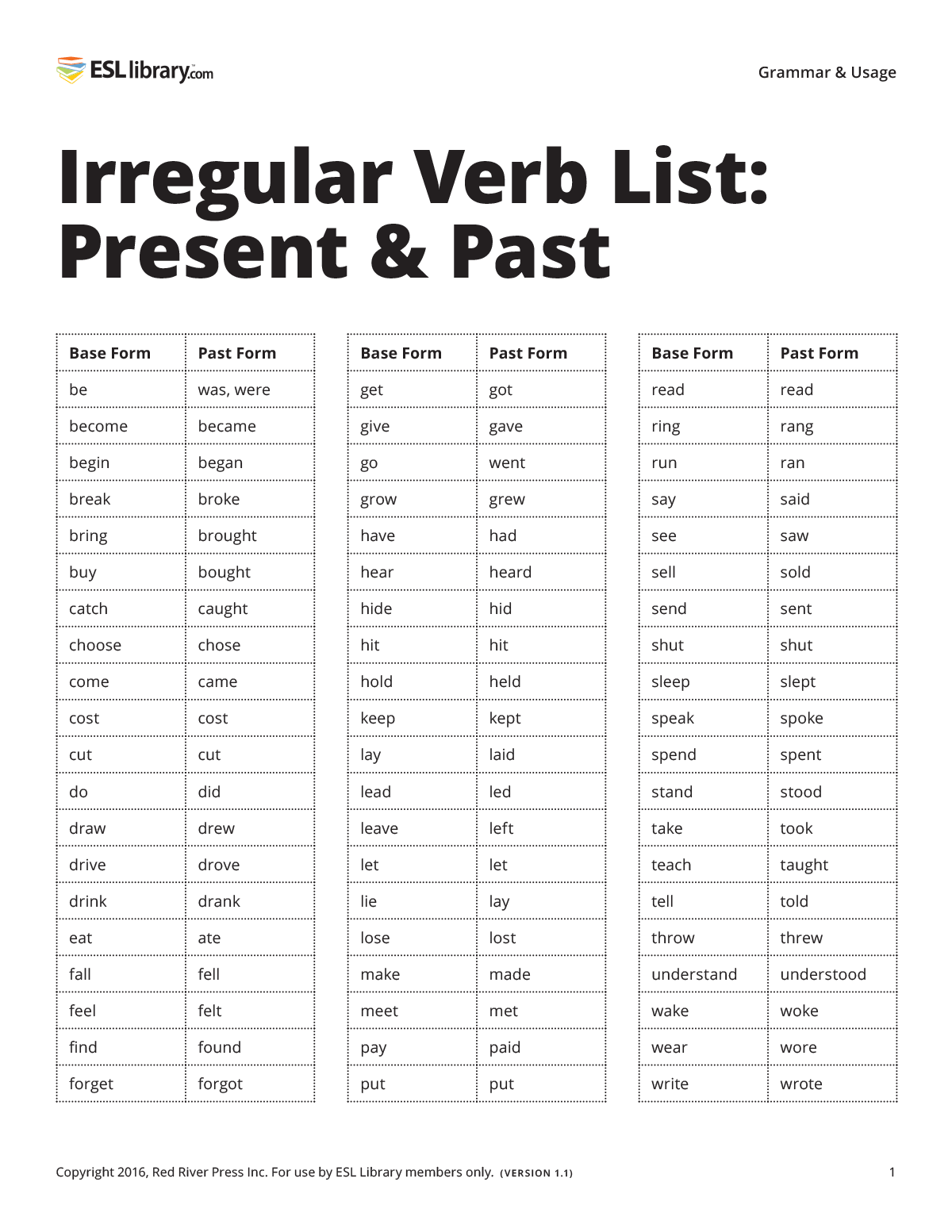 irregular past tense verbs list